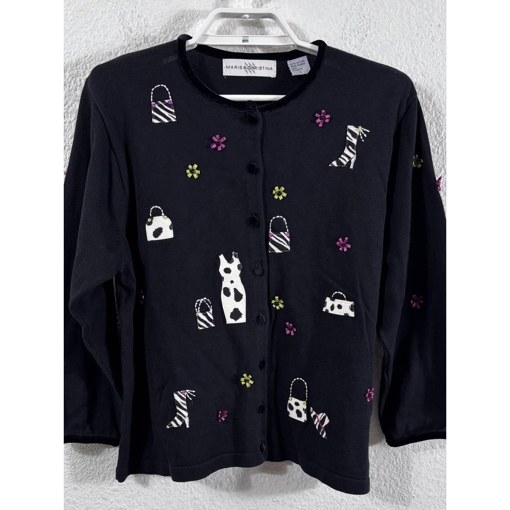 Vintage Marisa Christina Cardigan Sweater Womens L Black Dog Novelty Embroidered